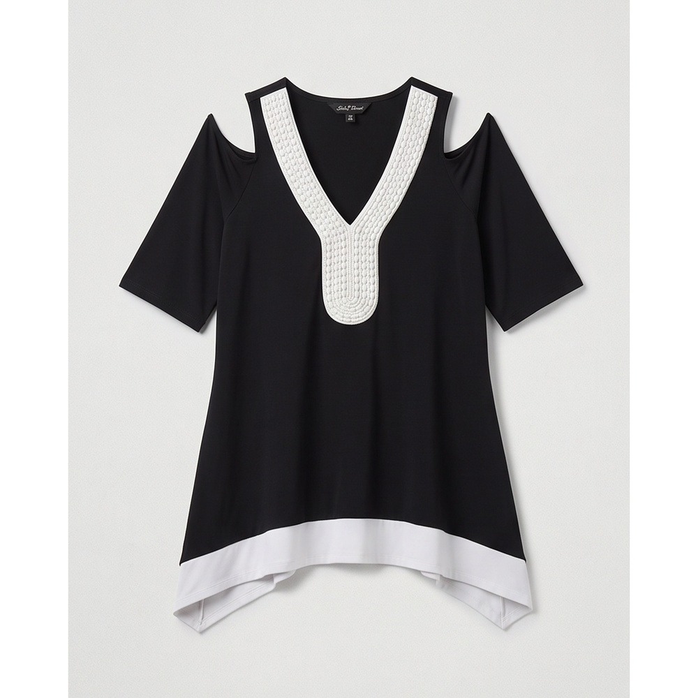 Slinky‎ Brand M Black White Cold Shoulder Beaded V-Neck Tunic Top 7521-Y14 USA